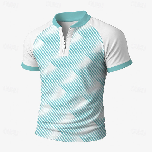  Men's Color Block Geometic Zip Polo Short Sleeve Standing Collar Business Sporty Leisure Business Athleisure Casual Daily Zipper 3D Print Summer Lake blue Robin's Egg Blue Green