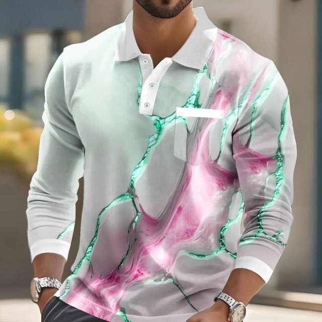  Men's Abstract Marble Polo Long Sleeve Polo Shirts Collared Shirts Business Casual Business Athleisure Daily Wear Pocket 3D Print Buttons Spring Fall Winter Red Blue Purple