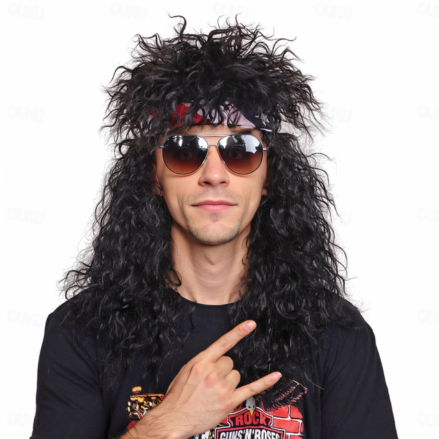  80s Wig For Men Long Curly Black Rocker Cosplay Wig For Halloween(Only Wigs)