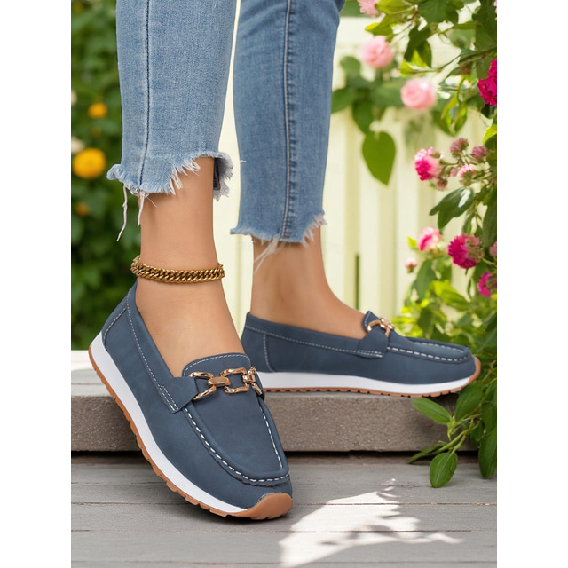  Women's Loafers with Gold Buckle – Casual Slip-On Flat Shoes for Garden Walks, Brunch & Everyday Errands