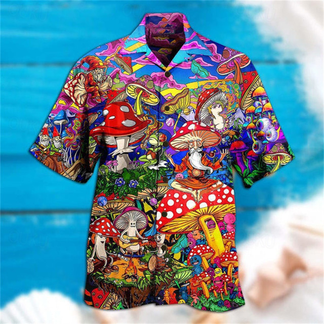  Herr Svamp Skjorta Hawaii skjorta Aloha skjorta Skjorta Nedvikt Mode Designer Ledigt Utomhus Gata Ledigt Svart Gul Svart / Purpur S M L