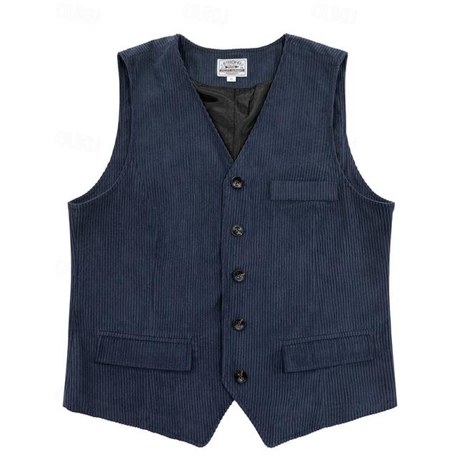  Homme Gilet Vacances Soirée Affaires Mode Occasionnel Printemps Automne Boutons Avec Poches Polyester Velours côtelé Confortable Couleur Unie Droit 1 bouton Col en V Coupe régulière Marron Sapin Noir