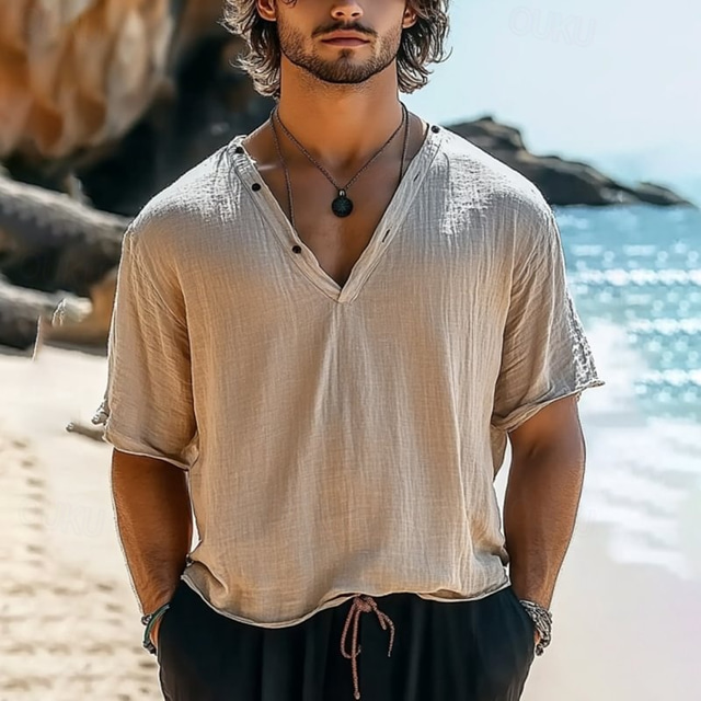  Men's T Shirt Tee Short Sleeve Shirt Tee Top Short Sleeve V Neck Summer Patchwork Embroidery Bohemia Vintage Casual Classic Vacation Street Casual Daily Beige Top Tee for Men