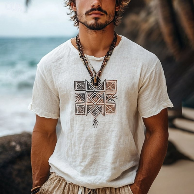  Men's T Shirt Tee Short Sleeve Shirt Tee Top Short Sleeve Crew Neck Summer Geometic Bohemia Vintage Casual Ethnic Vacation Street Casual Daily White Top Tee for Men