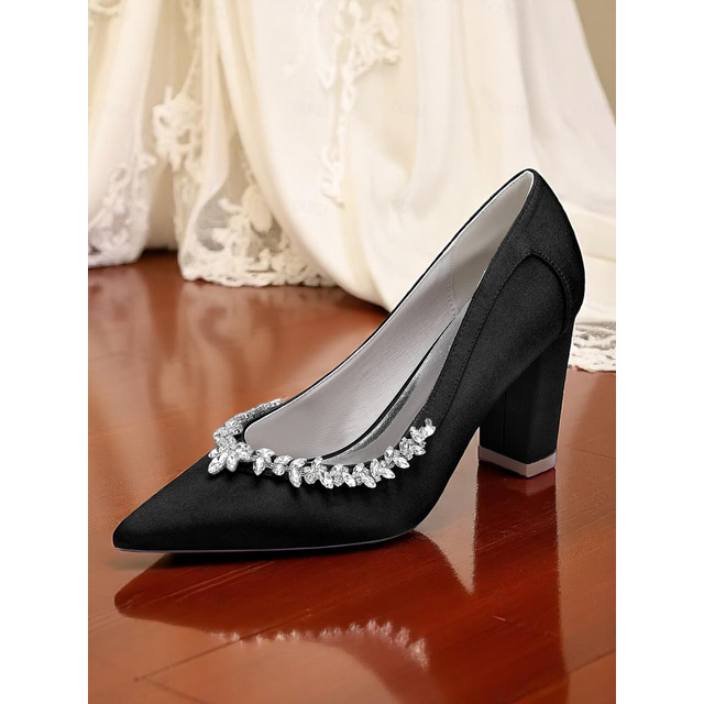  Women's Pink Satin Block Heel Wedding Pumps, Pointed Toe Rhinestone Embellished Bridal Shoes for Formal Ceremonies and Elegant Events