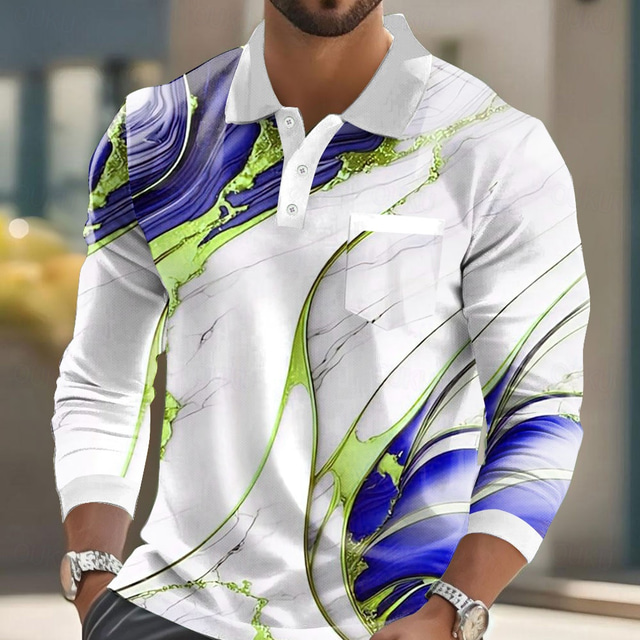  Men's Marble Polo Long Sleeve Polo Shirts Collared Shirts Casual Business Athleisure Daily Wear Pocket 3D Print Buttons Spring Fall Winter Red Blue Purple