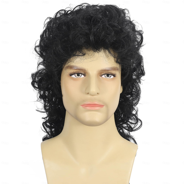  Curly Mullet Wigs for Men 80s Black Long Curly Wigs Hippie Rocking 80s Party Cosplay Costume Anime Heat Resistant Synthetic Hair Wig 70's Wig