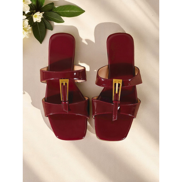  Women's Patent Leather T-Strap Flat Slide Sandals with Gold Buckle for Casual Dates and Summer Street Style