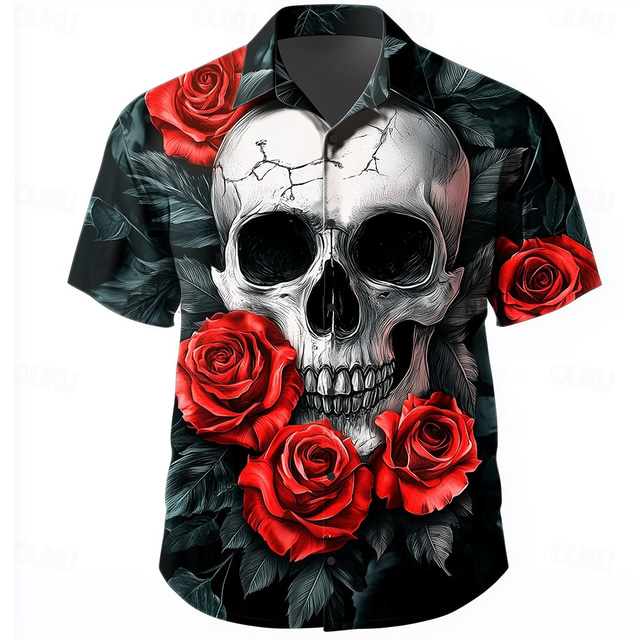  Men's Retro Rose Skulls Shirt Summer Shirt Button Up Shirt Short Sleeve Dark Gothic Style Outdoor Holiday Summer Spring Turndown 3D Print Collared Shirts Black Dark Green