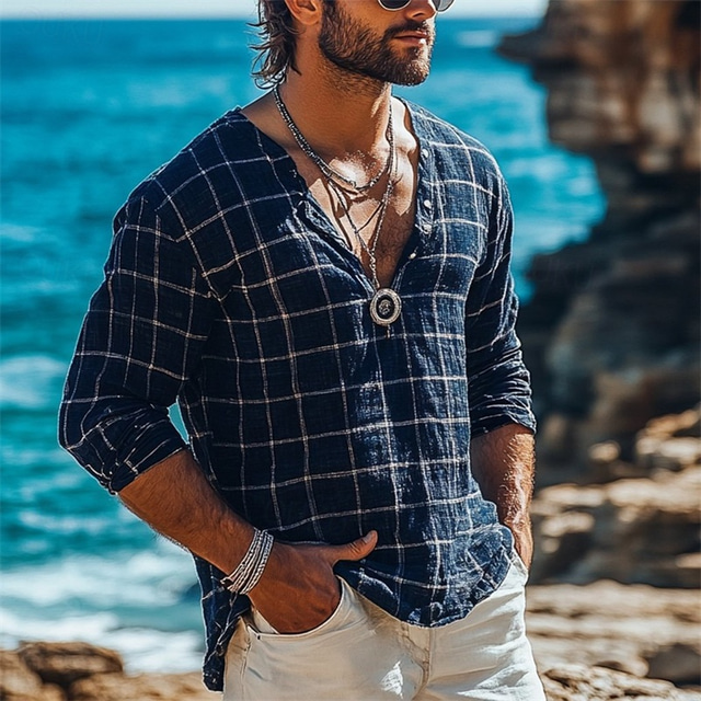  Men's Shirt Linen Shirt Popover Shirt Casual Shirt Plaid Vacation Hawaiian Dark Blue Long Sleeve Band Collar Spring Fall Clothing Apparel Buttons