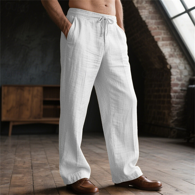 Men's Linen Pants Trousers Summer Pants Beach Pants Pocket Drawstring Elastic Waist Plain Comfort Breathable Vacation Daily Holiday Hawaiian Boho Black White