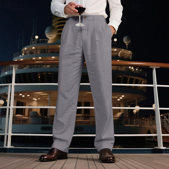  Men's Linen Pants Trousers Summer Pants Beach Pants Pocket Straight Leg Plain Comfort Breathable Vacation Daily Holiday Hawaiian Boho Black White