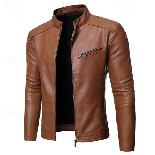  Men's Faux Leather Jacket Biker Jacket Motorcycle Jacket Vacation Daily Windproof Warm Pocket Fall Winter Plain Fashion Classic Stand Collar Regular Black Yellow Jacket