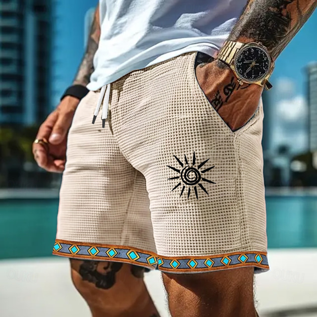  Men's Sun Ethnic Indian Culture Waffle Shorts Sweat Shorts Casual Shorts Mid Waist Retro Vintage Vacation Jogging Workout Elastic Drawstring Waist Shorts with Pockets Designer Clothing Apparel