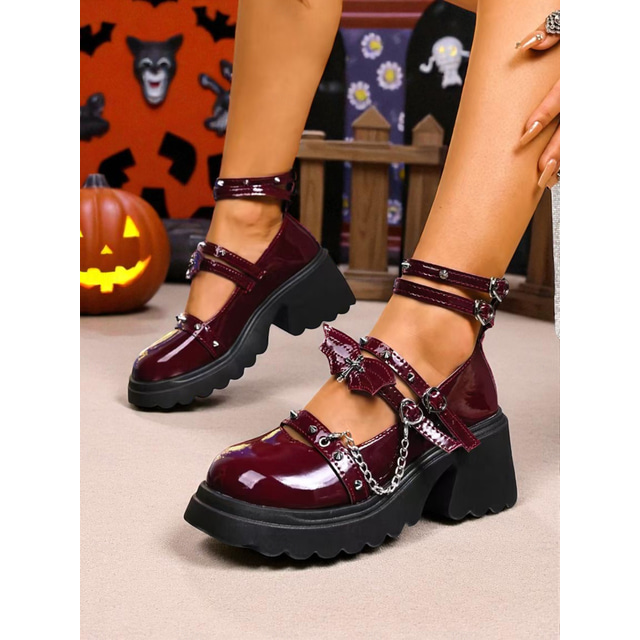  Pantofi Mary Jane cu platformă, stil gotic, pentru femei - tocuri groase din piele lăcuită maro, cu lanțuri și barete cu ținte, pentru Halloween, cosplay și ținute punk rock