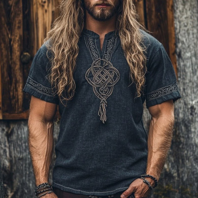  Men's Shirt Casual Shirt Viking Vacation Hawaiian Dark Blue Short Sleeve V Neck Summer Spring Clothing Apparel Ethnic