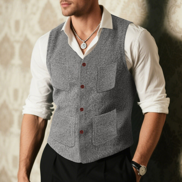  Men's Vest Gilet Outdoor Daily Fashion Casual Spring Fall Buttons Pocket Polyester Comfortable Plain Single Breasted One-button V Neck Regular Fit Black Gray Vest