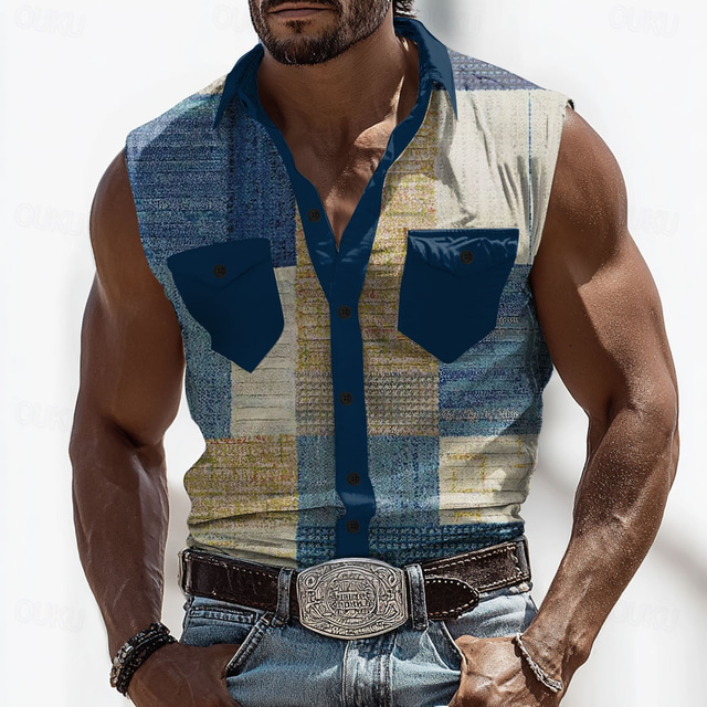  Men's Color Block Patchwork Shirt Western Shirt Cowboy Shirt Sleeveless Western Style Outdoor Work Causal Summer Spring Turndown 3D Print Front Two Pockets Button Up Shirts Army Green Blue Brown