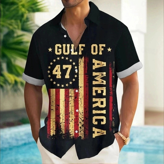  Independence Day Men's Patriotic 47 Gulf of America Flag Shirt Summer Shirt Button Up Shirt Short Sleeve Fashion Casual Holiday Summer Spring Turndown 3D Print Collared Shirts Front One Pocket Black