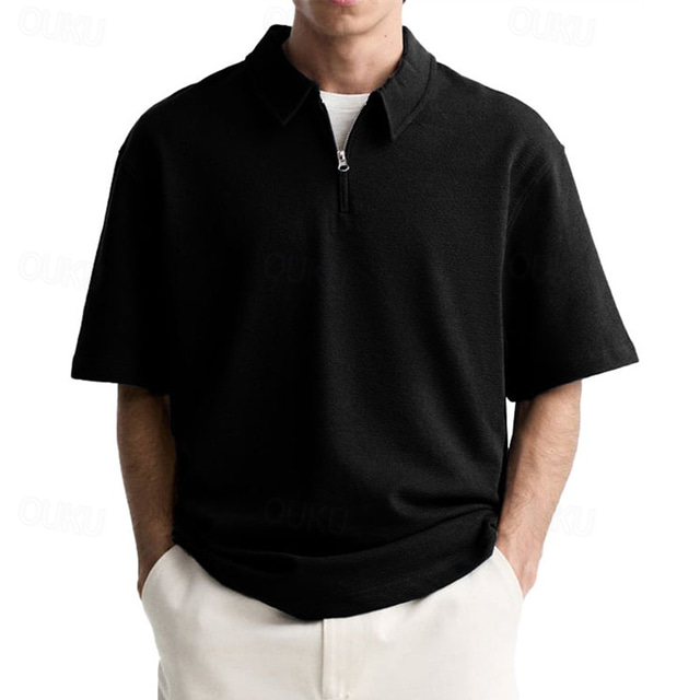  Men's Solid Color Polo Zip Polo Golf Shirt Short Sleeve Lapel Fashion Casual Outdoor Sport Daily Summer Wine Black White