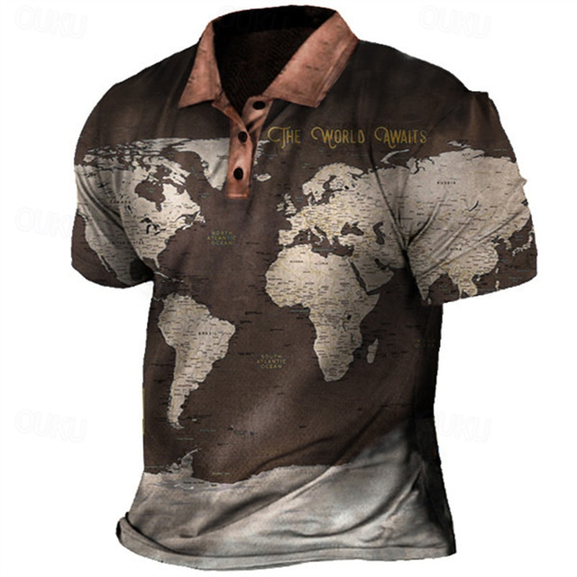  Men's Nautical Polo Shirts Golf Shirt Short Sleeve Polo Shirts Collared Shirts Vintage Casual Vacation Wear Boat Wear Party Outfits Buttons 3D Print Black Blue Brown