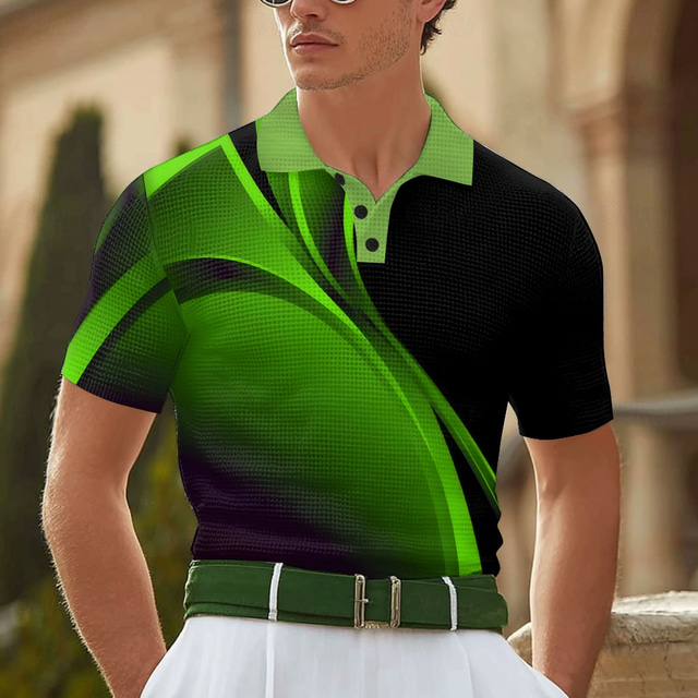  Men's Geometic Line Waffle Polo Shirts Short Sleeve Polo Shirts Collared Shirts Business Casual Business Athleisure Daily Wear 3D Print Buttons Summer Yellow Blue Green