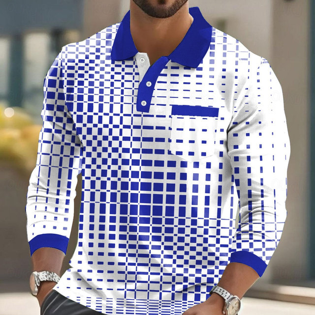  Men's Geometric Polo Long Sleeve Polo Shirts Collared Shirts Business Casual Business Athleisure Daily Wear Buttons Pocket 3D Print Spring Fall Winter Black Blue Sky Blue