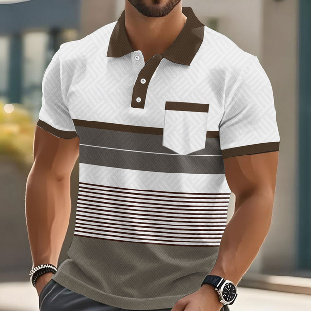  Men's Stripes Polo Short Sleeve Polo Shirts Collared Shirts Business Casual Outdoor Athleisure Daily Wear Pocket 3D Print Buttons Summer Blue Brown Green
