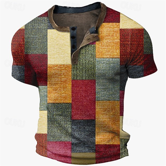  Herren Graphic Farbblock Plaid / Karomuster Waffel-Henley-Hemd Kurzarm 3D-Druck Modisch Designer Basic Outdoor Strasse Täglich Sommer Gelb Blau Kaffee Grau Henley Henley T-Shirt