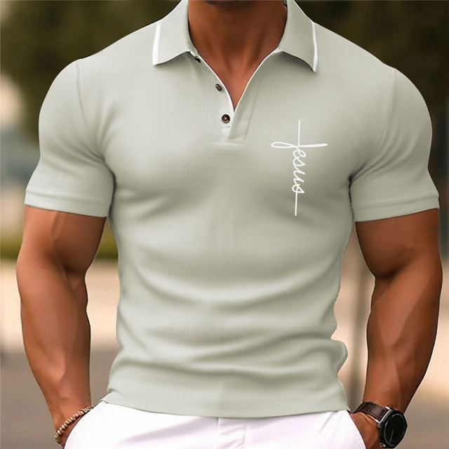  Men's Faith Polo Shirts Golf Shirt Short Sleeve Polo Shirts Collared Shirts Business Casual WorkWear Formal Wear Festival Wear Buttons 3D Print Pink Navy Blue Blue