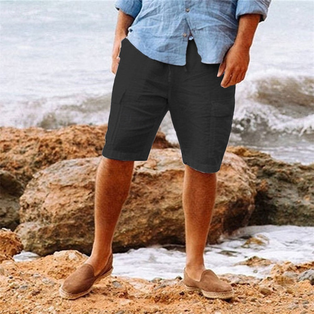  Herr Shorts Linne Shorts Sommarshorts Beach Shorts Ficka Snörning Elastisk midja Slät Komfort Andningsfunktion Kort Semester Helgdag Strand Hawaiisk Boho Svart Ljusblå