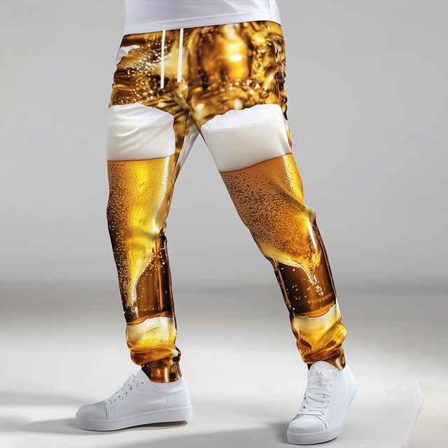  Men's Oktoberfest Beer Sweatpants Joggers Workout Pants Drawstring Elastic Waist Casual Outdoor Holiday Athletic Sweatpants with Pockets Spring Fall Winter 3D Print Yellow Orange