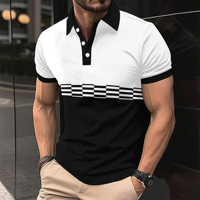  Men's Polo Button Up Polos Casual Sports Lapel Short Sleeve Fashion Basic Plaid Color Block Buttons Summer Spring Black Black White Polo