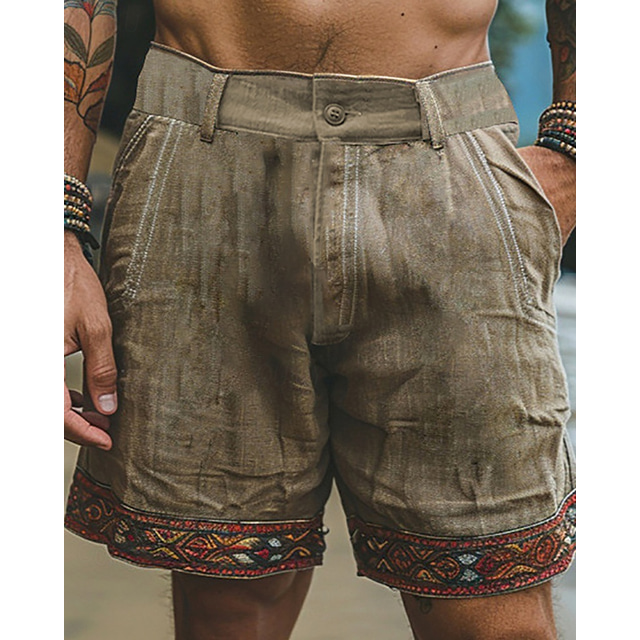  Herr Shorts Linne Shorts Sommarshorts Beach Shorts Knappar Ficka Bohemisk Komfort Andningsfunktion Kort Semester Helgdag Strand Hawaiisk Boho Kaki