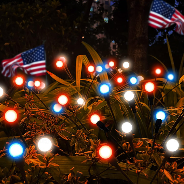  2 Pcs 12 Heads Outdoor Solar Firefly Lights Waterproof Red,  Independence Day White, Blue  July 4thCourtyard Garden Lawn Path Party Patriotic Atmosphere Decorative Light