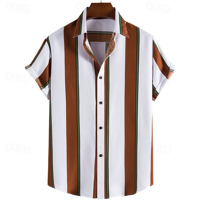  Men's Shirt Summer Shirt Casual Shirt Beach Shirt Button Up Shirt Blue Gold Green Dark Gray Gray Short Sleeve Stripes Lapel Vacation Hawaiian Clothing Apparel Polyester Fashion Casual Comfortable