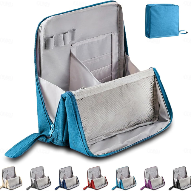  תיק איפור עומד, תיק רחצה עמיד למים בעל קיבולת גדולה עם תאים, מארגן קוסמטיקה נייד לנסיעות, עיפרון רב תכליתי &תיק אחסון לאיפור