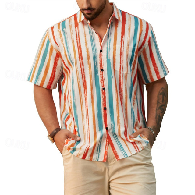  Men's Shirt Summer Shirt Casual Shirt Beach Shirt Button Up Shirt Pink Orange Green Short Sleeve Stripes Lapel Vacation Hawaiian Clothing Apparel Polyester Fashion Casual Comfortable