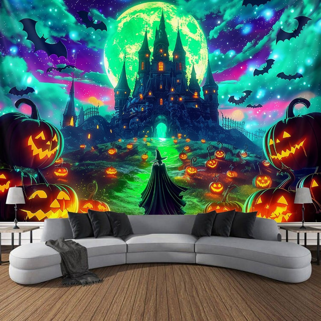  Halloween Blacklight Tapestry Hekseslott UV Reaktiv Glød i Mørket Skog Trippy Fjell Tåke Gravlund Spøkelser Hengende Tapestry Veggkunst Mur Stue Soverom