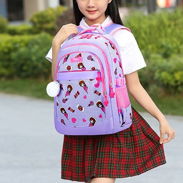  Girls Cartoon Backpack for School – Cute Printed Bookbag with Cat Ears and Pom-Pom Charm, Lightweight Waterproof Schoolbag for Elementary Kids