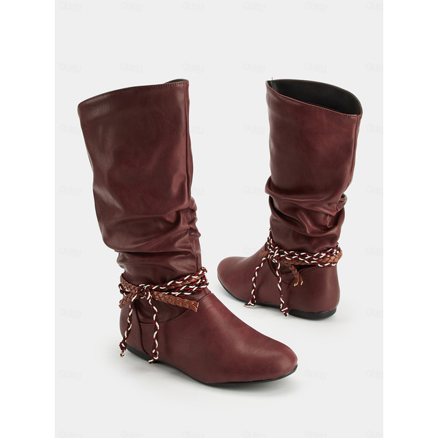  stivali da equitazione bassi e morbidi in similpelle bordeaux da donna, con cinturini intrecciati, per uscite autunnali, viaggi e festival all'aperto