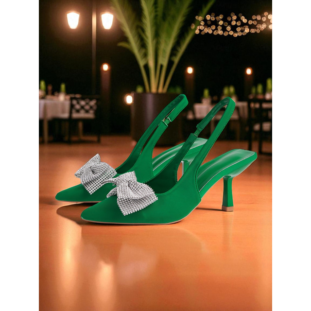  Women's Green Satin Slingback Heels - Pointed Toe Party Shoes with Rhinestone Bow for Nightlife, Clubbing and Evening Events
