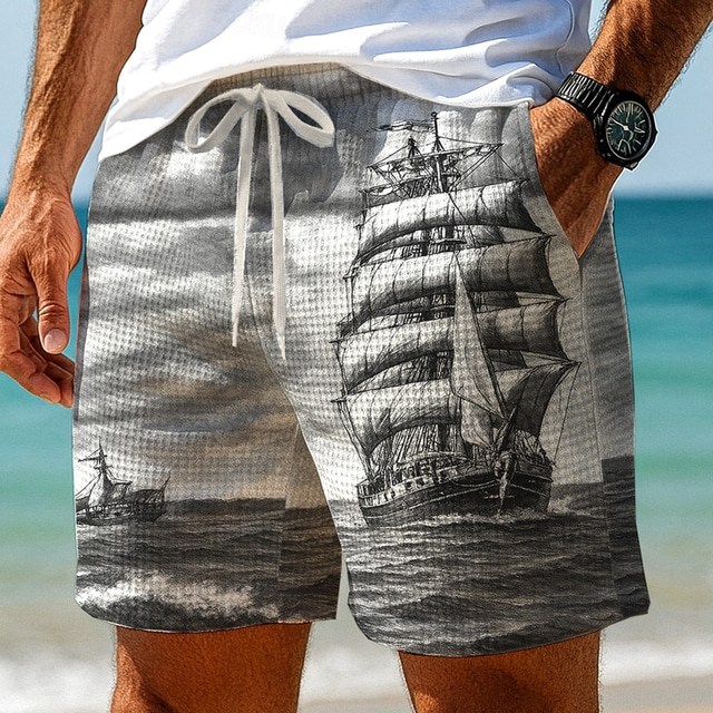  Men's Nautical Sailboat Waffle Shorts Sweat Shorts Casual Shorts Mid Waist Retro Vintage Vacation Jogging Workout Elastic Drawstring Waist Shorts with Pockets Designer Clothing Apparel