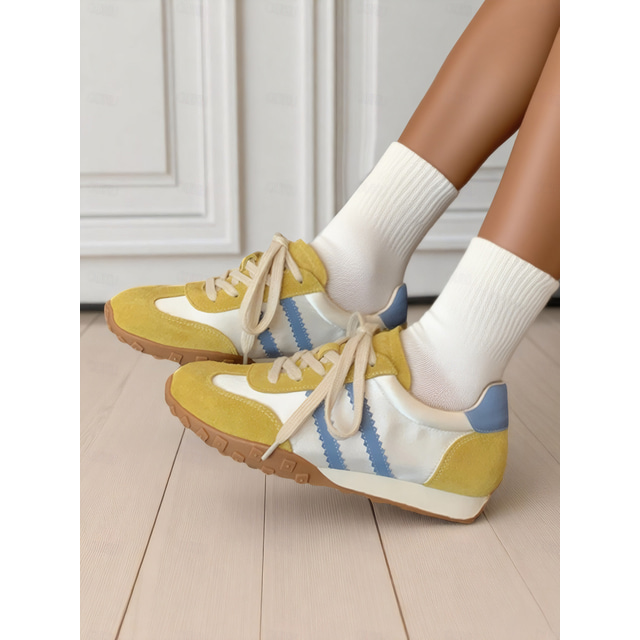  Zapatillas retro con cordones en amarillo y azul para mujer, zapatos casuales vintage para atuendos diarios y citas románticas