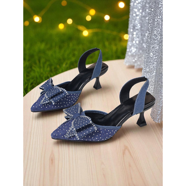  Women's Rhinestone Bow Slingback Heels - Sparkly Pointed Toe Party Shoes for Nightlife, Clubs and Cocktail Events