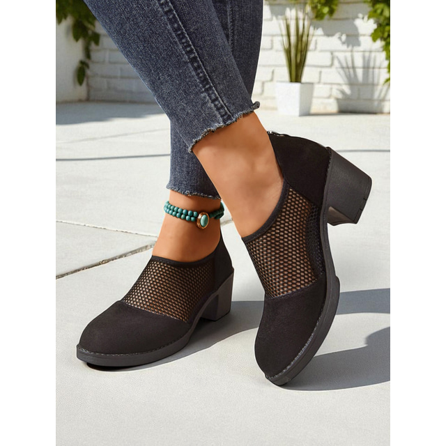  Schwarze Damenschuhe aus Mesh mit Blockabsatz – atmungsaktive Pumps im Vintage-Stil fürs Büro, Gartenpartys und elegante Freizeitlooks