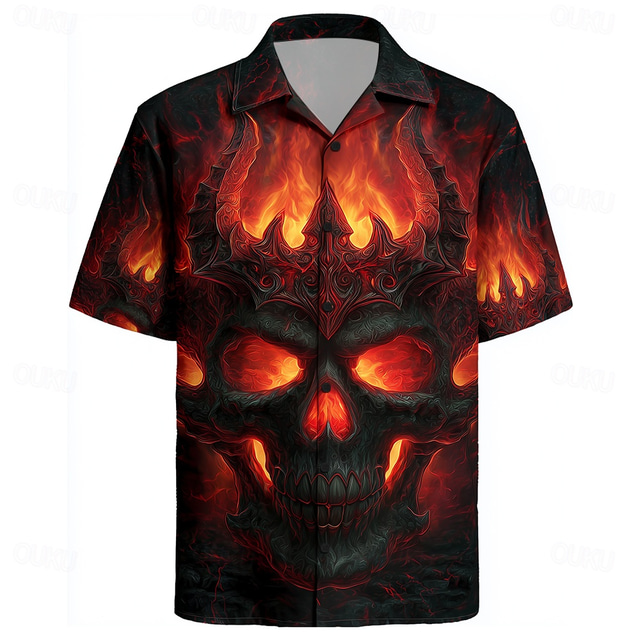  Men's Skull Flame Halloween Costumes Shirt Cuban Collar Shirt Button Up Shirt Short Sleeve Dark Punk Gothic Style Holiday Streetwear Summer Camp Collar Shirt 3D Print Red Orange