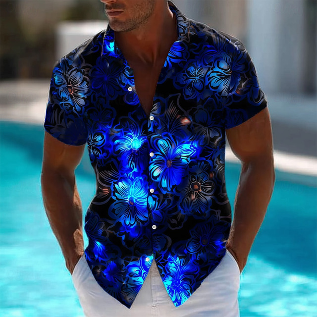  Men's Floral Print Neon Glow Flowers Summer Hawaiian Shirt Button Up Shirt Aloha Shirt Short Sleeve Hawaiian Vacation Beach Wear Summer Spring Turndown 3D Print Collared Shirts Black 1 Black