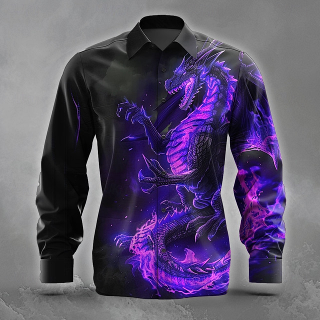  Men's Animal Dragon Flame Shirt Button Up Shirt Long Sleeve Dark Gothic Style Holiday Streetwear Summer Spring Turndown 3D Print Collared Shirts Purple Orange Green