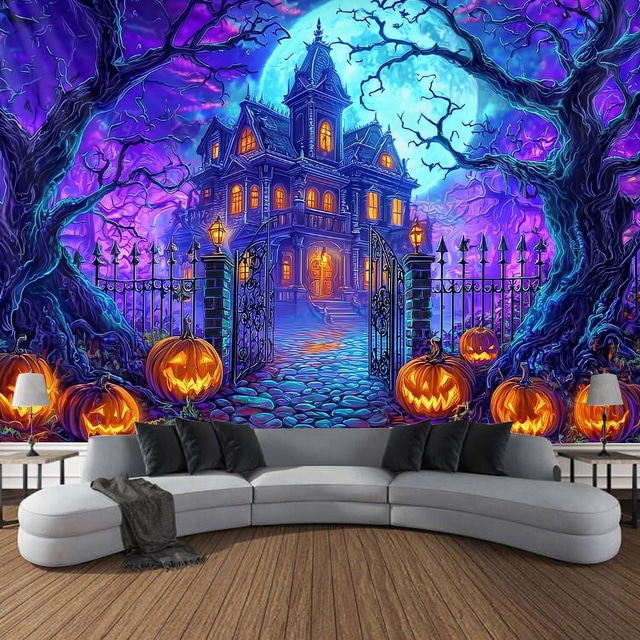  Halloween Blacklight Tapestry Skeleton Haunted House UV Reactive Glow in the Dark Forest Trippy Mountain Misty Graveyard Ghost Hanging Tapestry Wall Art Mural for Living Room Bedroom